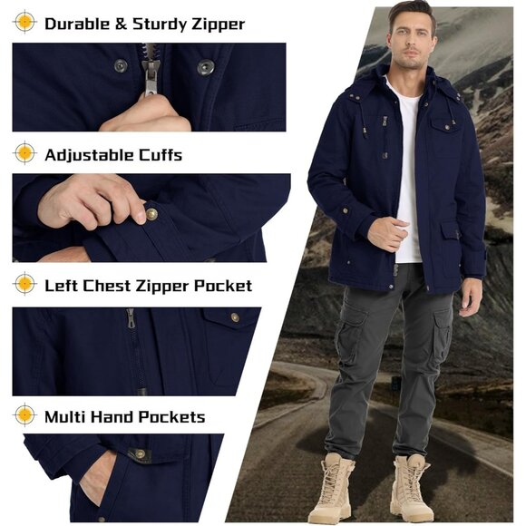 Mens Navy Thick Winter Jacket Hooded Fleece Lined Cotton Military Coat - Picture 4 of 6